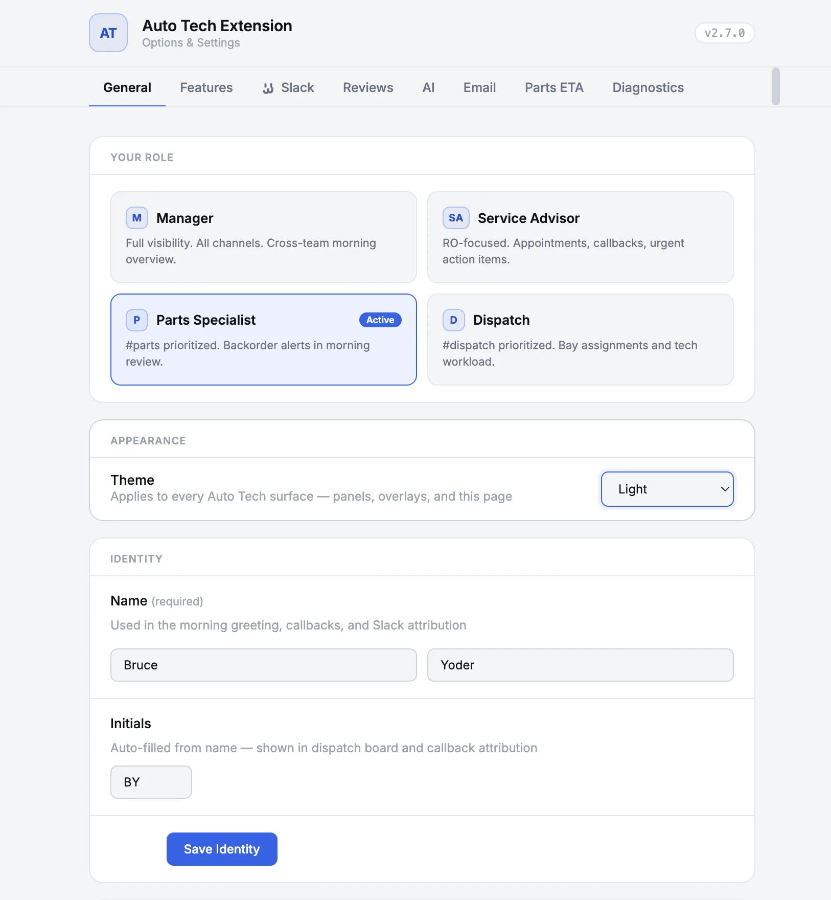 Auto Tech extension options and settings